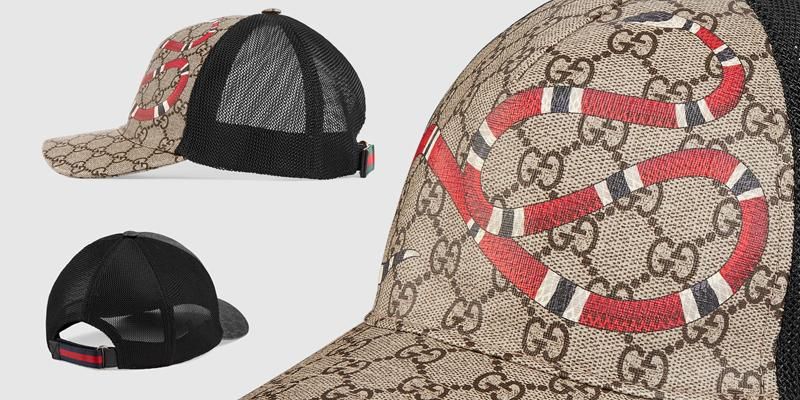 Mũ Gucci Kingsnake Print GG Supreme Baseball Beige