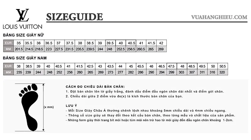 Bảng quy đổi size giày Louis Vuitton