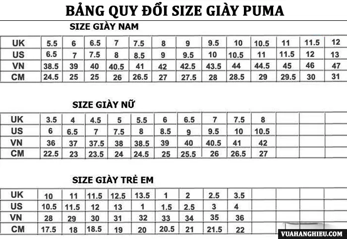 Bảng chọn size giày Puma