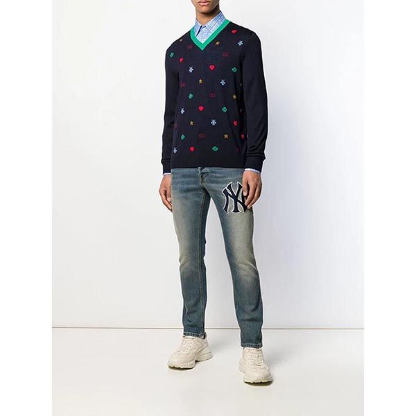 Áo Len Gucci Navy Wool GG Symbol Logos Wool Fine Knit V-Neck Sweater Top Size M - Thời trang - Vua Hàng Hiệu