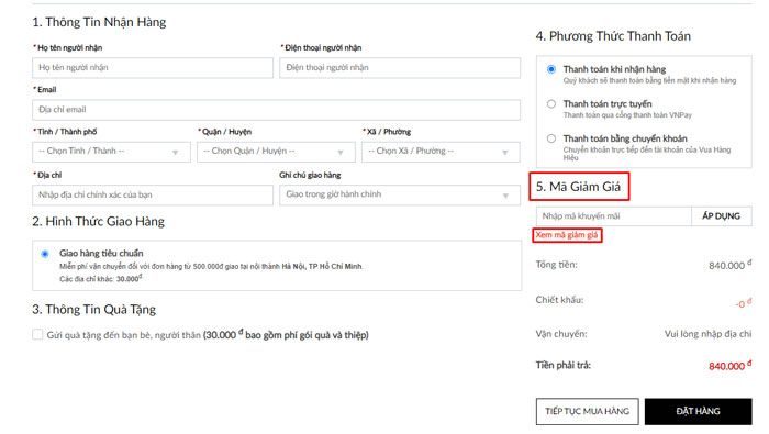 Cách sử dụng mã giảm giá 50K - 100K -150K trên Vua Hàng Hiệu