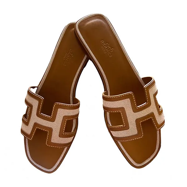 Dép Hermès Oran Leather Sandal Màu Nâu Viền Be Size 37 - Dép - Vua Hàng Hiệu