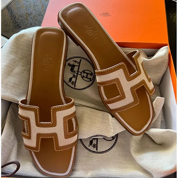 Dép Hermès Oran Leather Sandal Màu Nâu Viền Be Size 37 - Dép - Vua Hàng Hiệu