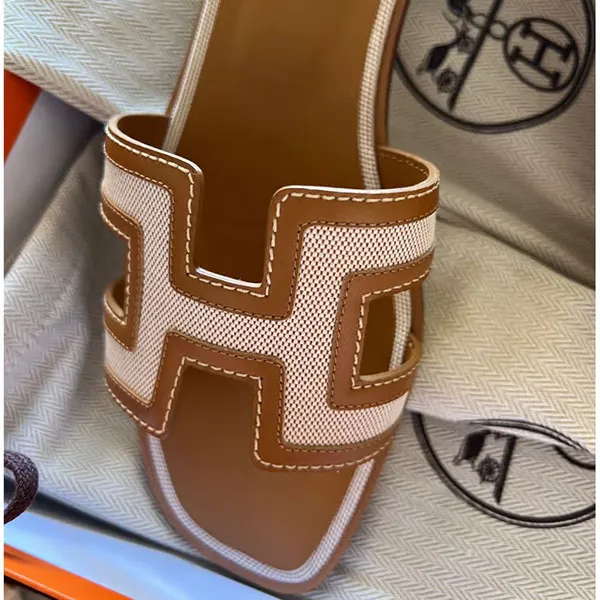 Dép Hermès Oran Leather Sandal Màu Nâu Viền Be Size 37 - Dép - Vua Hàng Hiệu