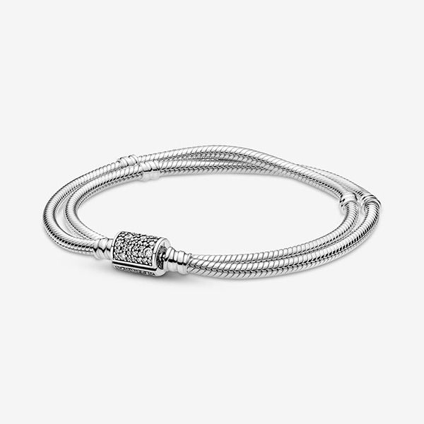 Vòng Đeo Tay Pandora Moments Chuỗi Rắn 2 Vòng Với Khóa Hình Trụ Đính Đá 599544C01 Màu Bạc Size 16 - Trang sức - Vua Hàng Hiệu