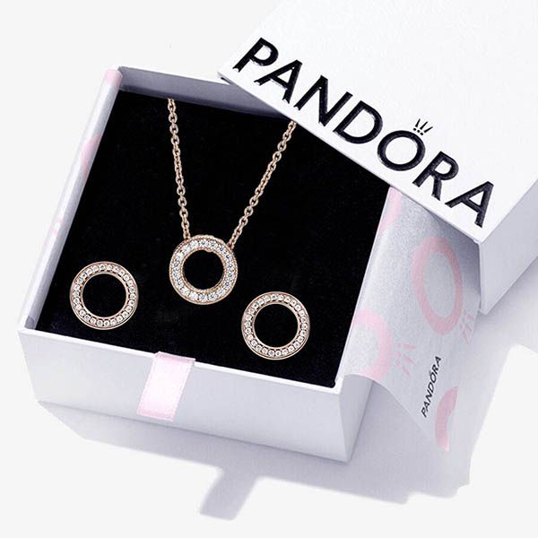 Set Dây Chuyền Và Khuyên Tai Pandora Sparkling Pave Circle Jewelry Gift Set Màu Vàng Hồng - Trang sức - Vua Hàng Hiệu