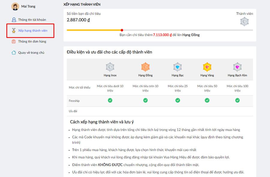 Quyền lợi thành viên khi mua sắm trên Vua Hàng Hiệu
