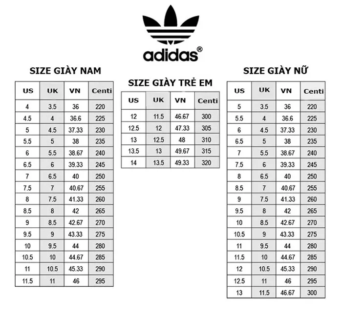 Bảng size giày Adidas chính hãng cập nhật mới nhất và hướng dẫn cách chọn giày đúng size