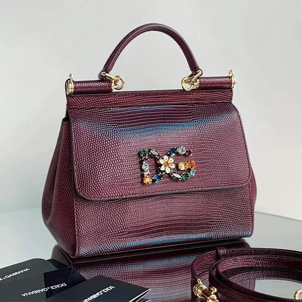 Túi Xách Tay Nữ Dolce & Gabbana D&G Small Sicily Handbag In Iguana Print Calfskin And Crystal DG Logo Patch Màu Tím - Túi xách - Vua Hàng Hiệu