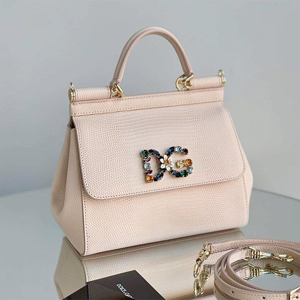 Túi Xách Tay Nữ Dolce & Gabbana D&G Small Sicily Handbag In Iguana Print Calfskin And Crystal DG Logo Patch Màu Hồng Nude - Túi xách - Vua Hàng Hiệu