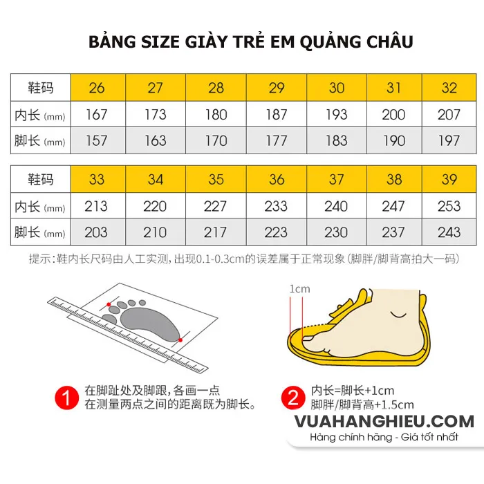 Bảng size giày trẻ em Việt Nam, Quốc tế đầy đủ, chính xác