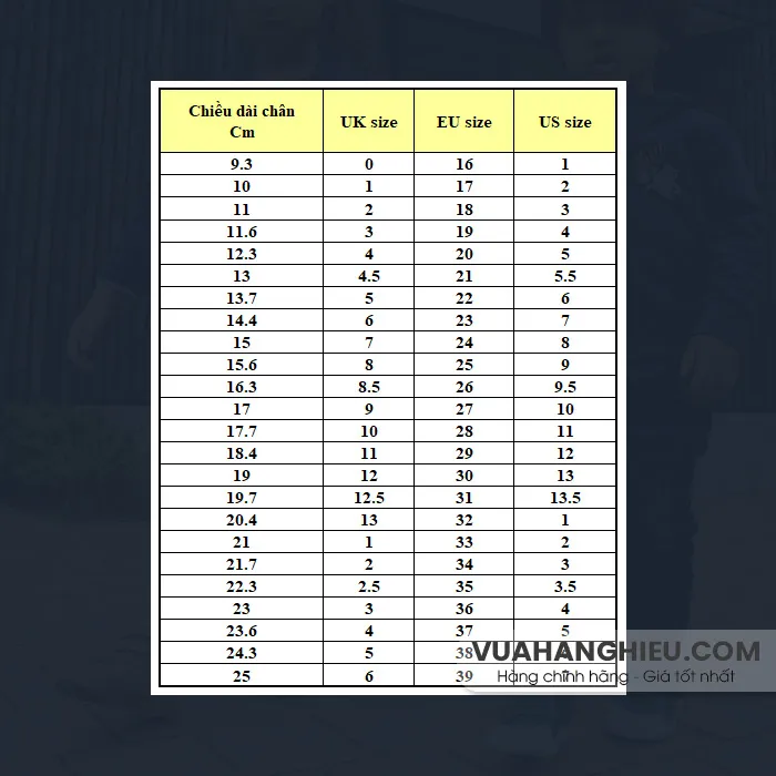 Bảng size giày trẻ em Việt Nam, Quốc tế đầy đủ, chính xác