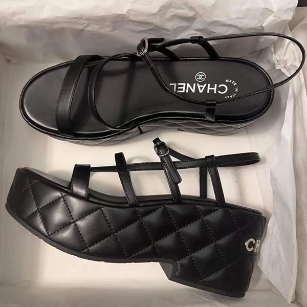 Dép Sandal Nữ Chanel Letter Logo Quilted Platform Sandals Màu Đen Size 38 - Dép - Vua Hàng Hiệu