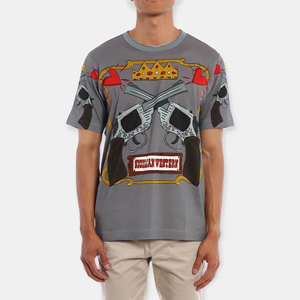 Áo Phông Nam Dolce & Gabbana D&G Sicilian Western Print T-Shirt G8GJ3TFP7UMHJ384 Màu Xám Size 46 - Thời trang - Vua Hàng Hiệu