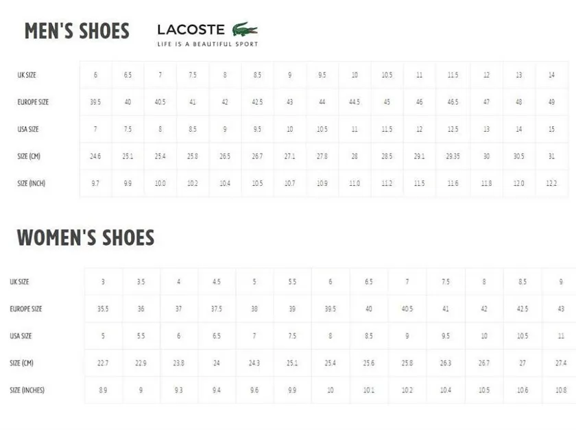 Bảng size giày Lacoste: Cách chọn size giày chuẩn cho nam và nữ
