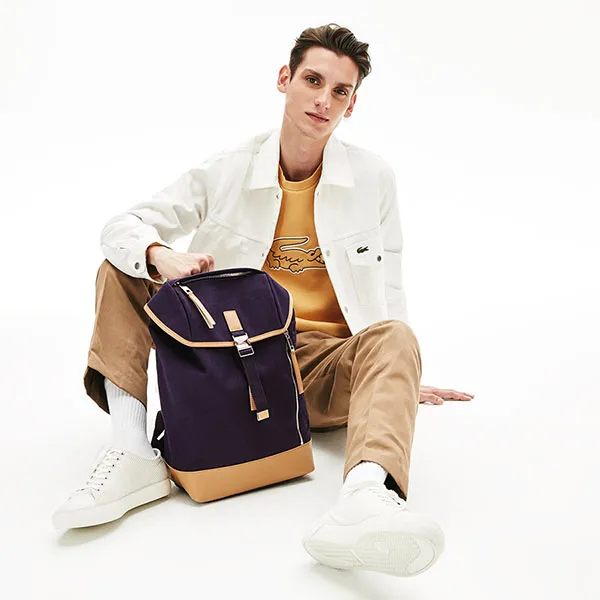 Balo Nam Lacoste Men's Leather Finishes Cotton Flap Backpack NH3129US Màu Xanh Navy - Túi xách - Vua Hàng Hiệu