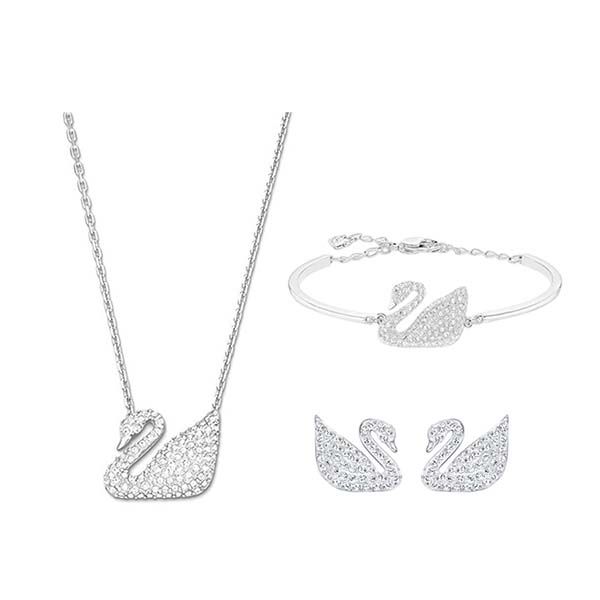 Set Dây Chuyền + Vòng Đeo Tay + Khuyên Tai Swarovski Swan Pendant, White, Rhodium Plated 5007735, 5011990, 5161256 Thiên Nga Màu Trắng Bạc ( Kèm Dây Buộc Tóc) - Trang sức - Vua Hàng Hiệu