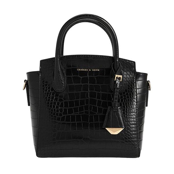 Túi Tote Nữ Charles & Keith CNK Croc-Effect Trapeze Tote Bag Black CK2-30271265-1 Màu Đen - Túi xách - Vua Hàng Hiệu