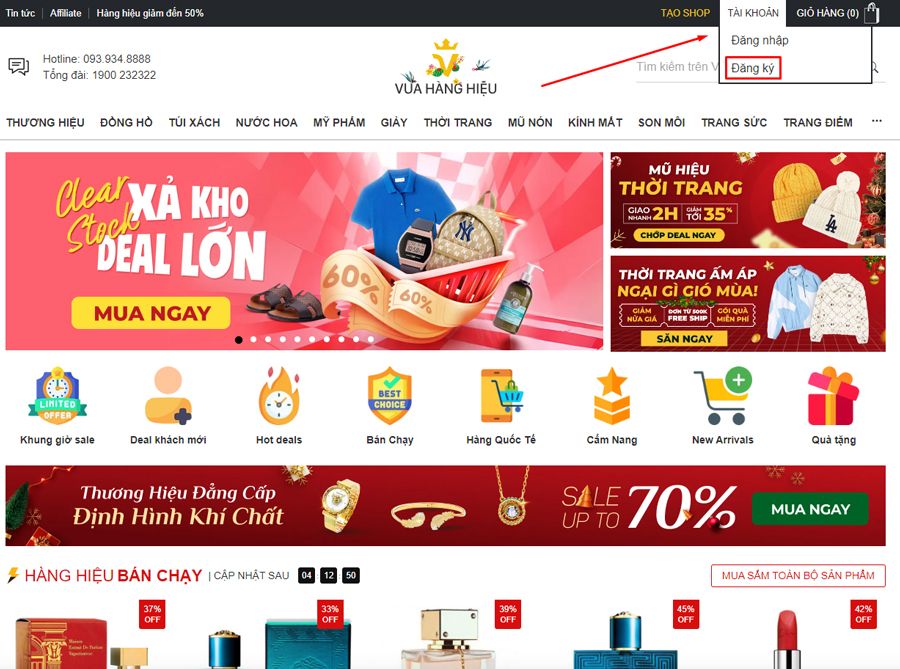 Đăng ký tạo tài khoản mới trên Vua Hàng Hiệu