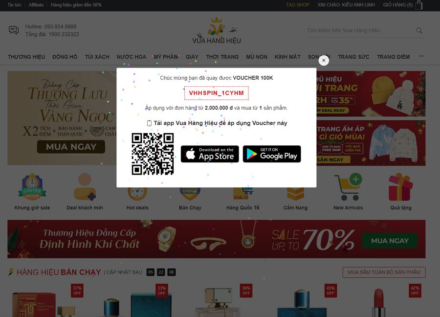 Lưu mã trúng thưởng và sử dụng trên app mobile Vua Hàng Hiệu