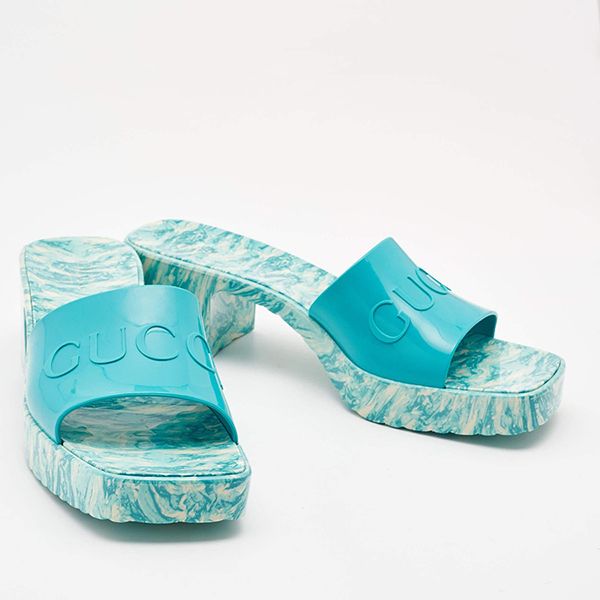 Dép Sandals Nữ Gucci Green Rubber Marble Detail Block Heel Slide Màu Xanh Họa Tiết Size 38 - Dép - Vua Hàng Hiệu