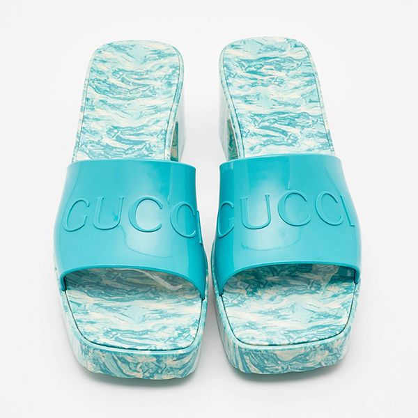 Dép Sandals Nữ Gucci Green Rubber Marble Detail Block Heel Slide Màu Xanh Họa Tiết Size 38 - Dép - Vua Hàng Hiệu