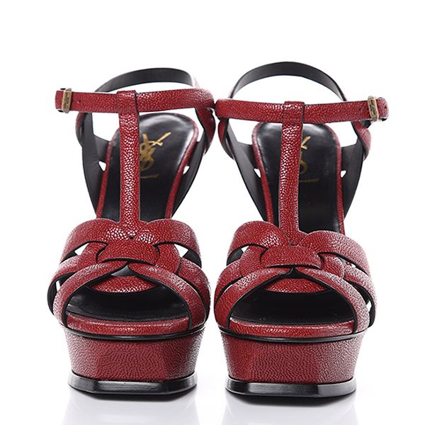 Dép Cao Gót Nữ Yves Saint Laurent YSL Tribute Pebbled Platform Sandals Màu Đỏ Size 37.5 - Dép - Vua Hàng Hiệu