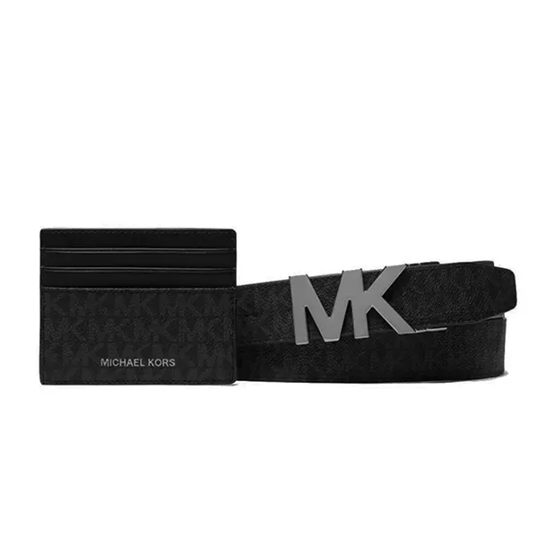 Set Thắt Lưng + Ví Nam Michael Kors MK Signature Logo Card Case And Belt Gift Set 36S4LGFY6B Màu Đen - Thắt lưng - Vua Hàng Hiệu