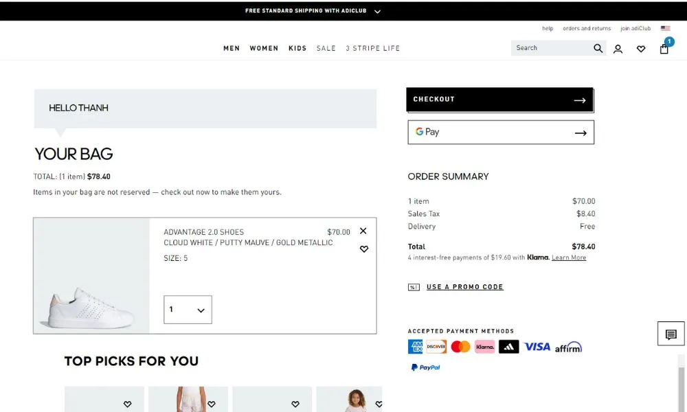 Tiến hành thanh toán khi order giày Adidas