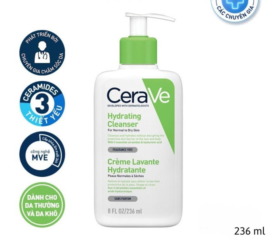Cerave Hydrating Facial Cleanser làm sạch sâu và ngăn ngừa mụn mà không gây kích ứng.