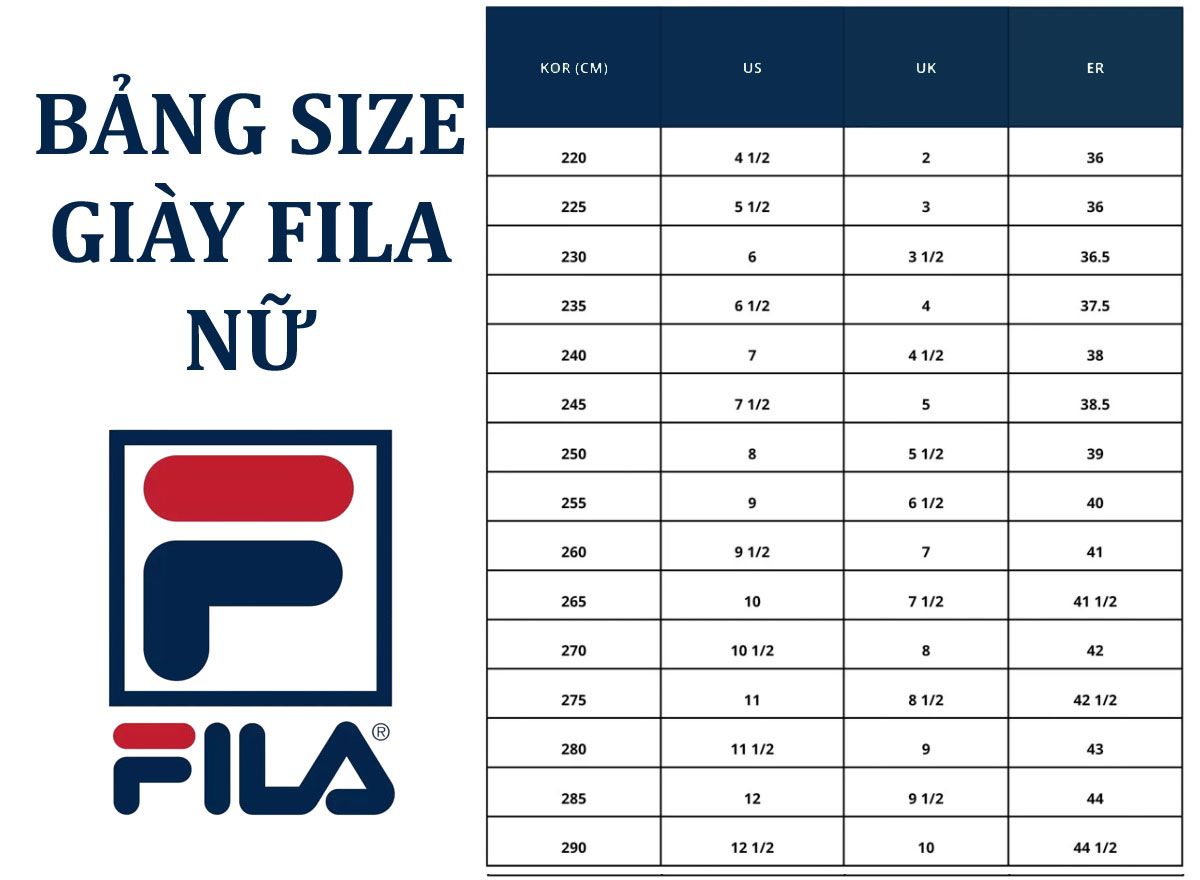 Bảng size giày Fila nam nữ và trẻ em uy tín (CẬP NHẬT 2025)