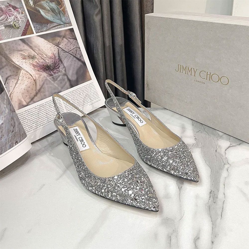 Giày cao gót Jimmy Choo Slingback Pointed Toe Glitter Shoes Champagne