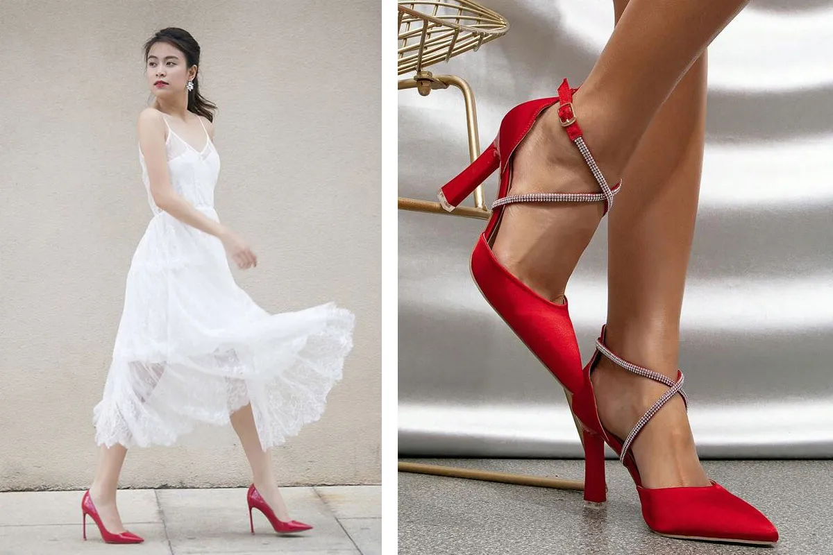Giày cao gót màu đỏ nổi bật, làm điểm nhấn cho mọi trang phục