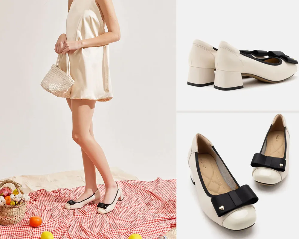 Giày cao gót nữ màu trắng Pazzion Itzel Love Embellished Bow Low Block Heels