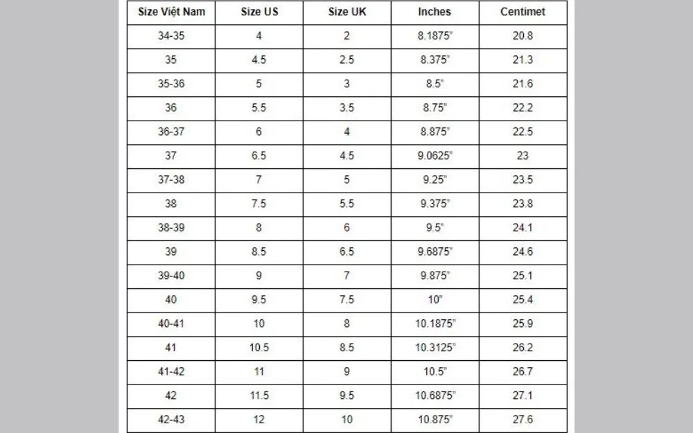 Tổng Hợp Bảng Size Giày Đá Bóng Nike,Adidas, Mizuno,...
