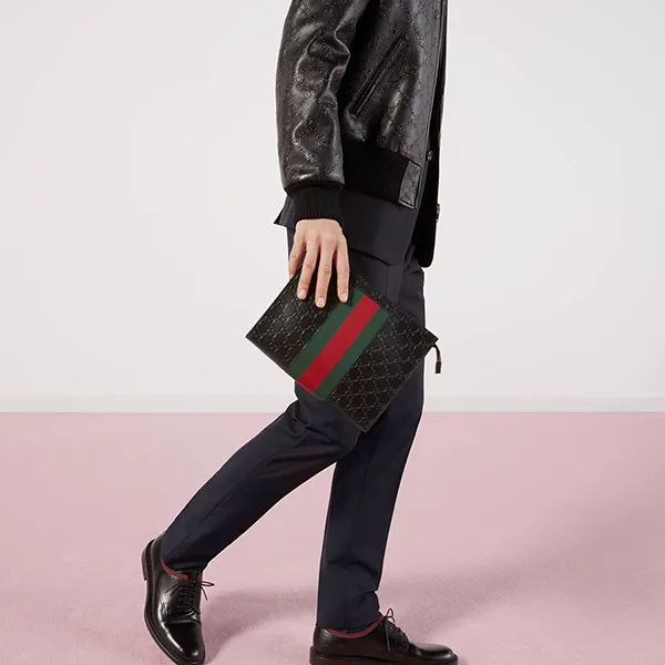 Túi Cầm Tay Nam Gucci Signature Web Pouch 475316-CWCLN-1060 Màu Đen - Túi xách - Vua Hàng Hiệu