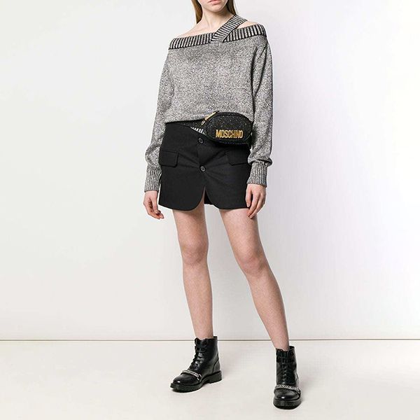 Túi Đeo Hông Nữ Moschino Glitter Belt Bag Black Leather Fanny Pack Màu Đen - Túi xách - Vua Hàng Hiệu