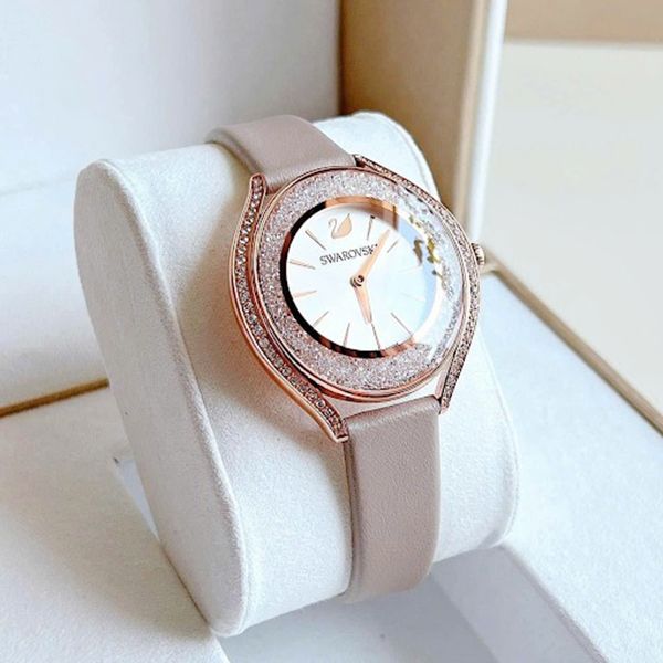 Đồng Hồ Nữ Swarovski Crystalline Aura Watch Swiss Made, Leather Strap, Gray Rose Gold-Tone 5519450 Màu Xám/ Vàng Hồng - Đồng hồ - Vua Hàng Hiệu