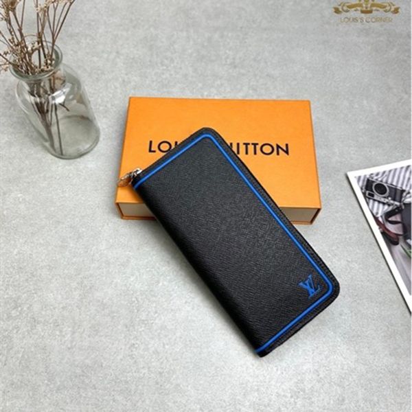 Ví Nam Louis Vuitton LV Vertical Taiga Zippy Bicolour Brazza Wallet Màu Đen Viền Xanh - Túi xách - Vua Hàng Hiệu
