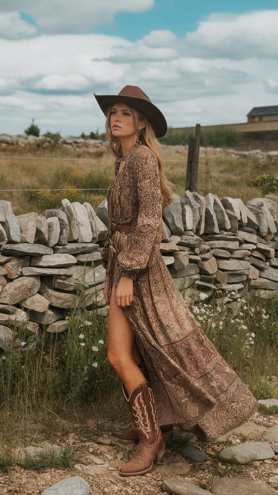 Váy maxi bất đối xứng và bốt tua rua