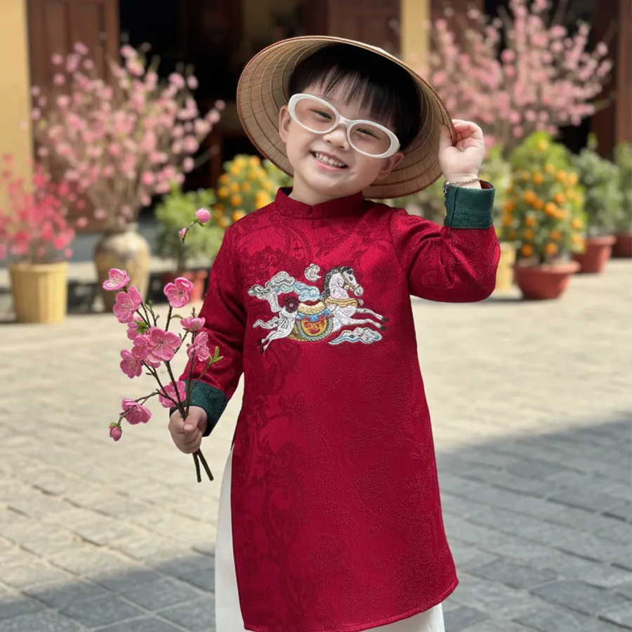 Áo dài lụa gấm cho bé trai cao cấp