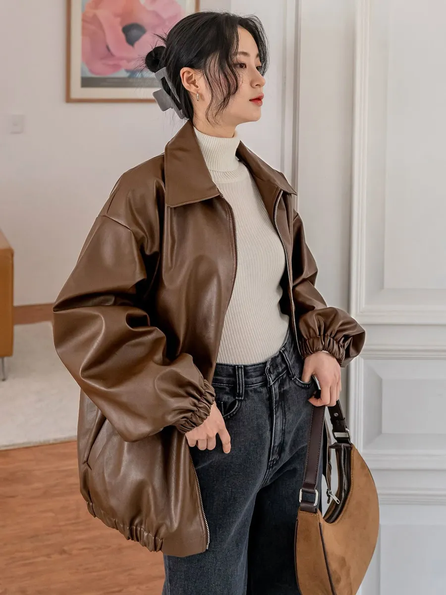 Áo khoác da dáng dài khoác ngoài áo len cổ lọ nữ