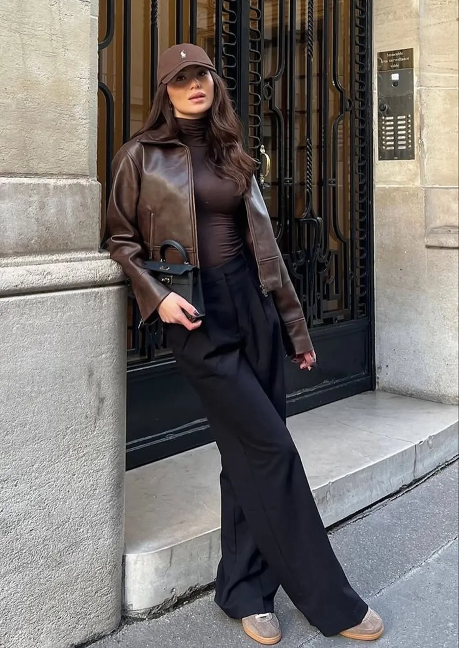 Quần âu nữ mix cùng áo khoác da