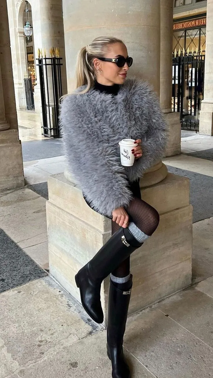 Áo lông xám lông chuột khoác ngoài váy lụa