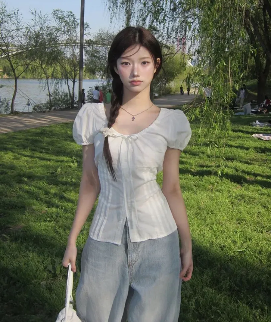 Áo kiểu phối jeans ống đứng