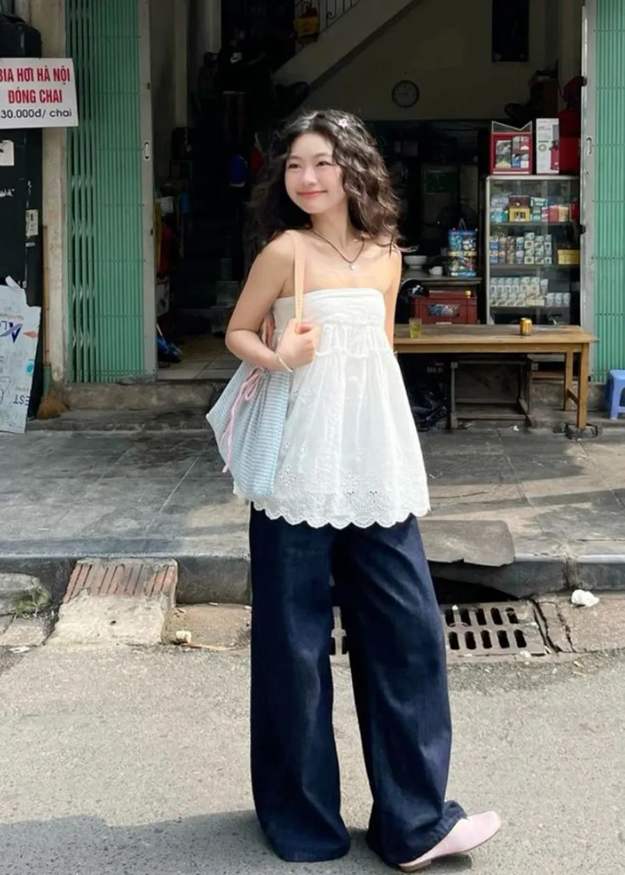 Áo tanktop mix quần jeans ống rộng