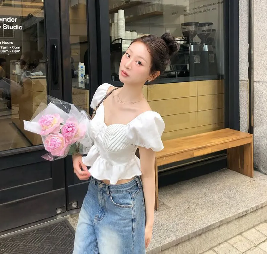 Áo kiểu phối jeans ống đứng