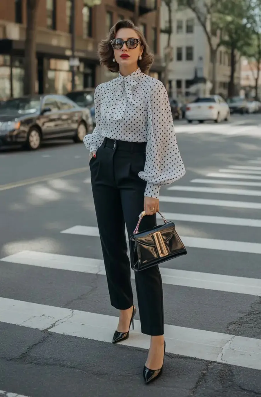 Outfit công sở với áo sơ mi tiểu thư và quần tây ống suông