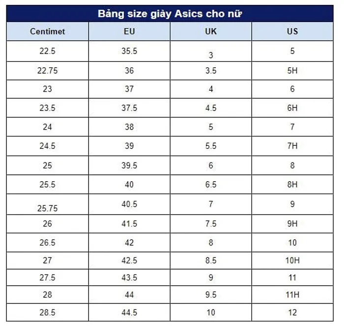 Bảng Size Giày ASICS Nữ