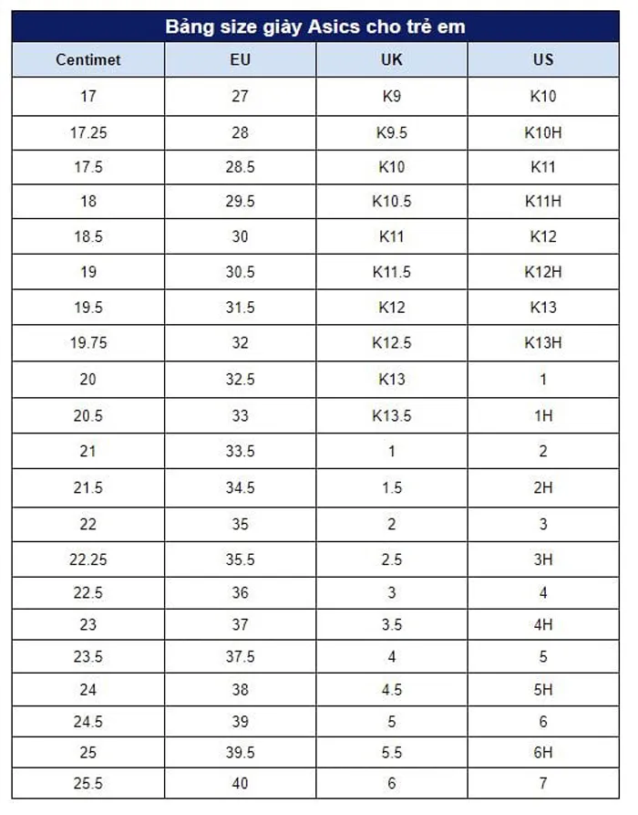 Bảng Size Giày ASICS Trẻ Em